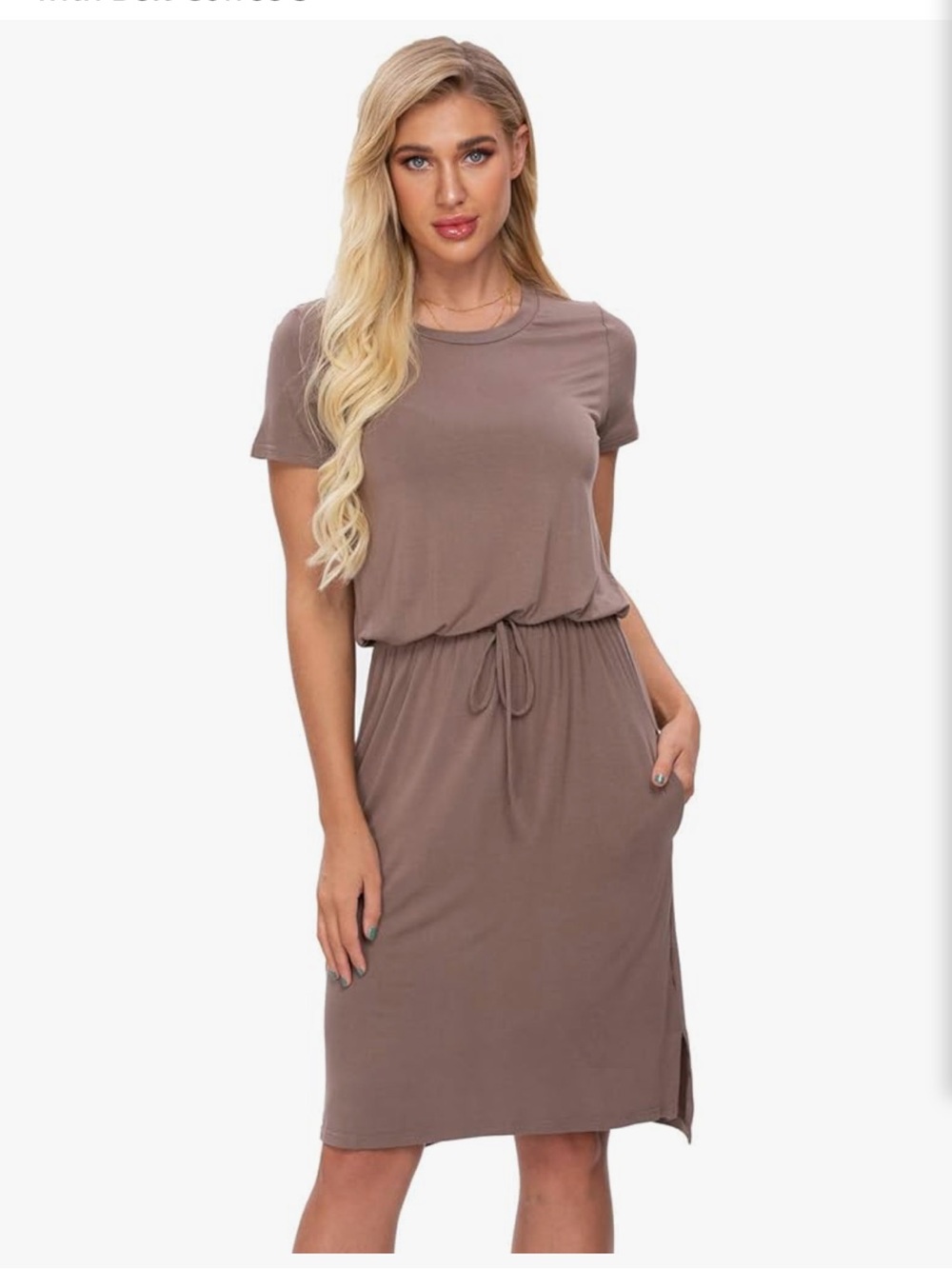 Women’s Casual Short Sleeve Tie Waist Midi Dress in Mauve